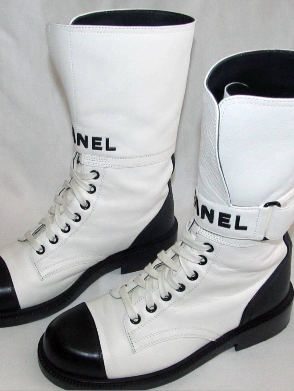 CHANEL Black White 22A Leather Lace Up Cap Toe Mid Combat Boots Womens Size 37